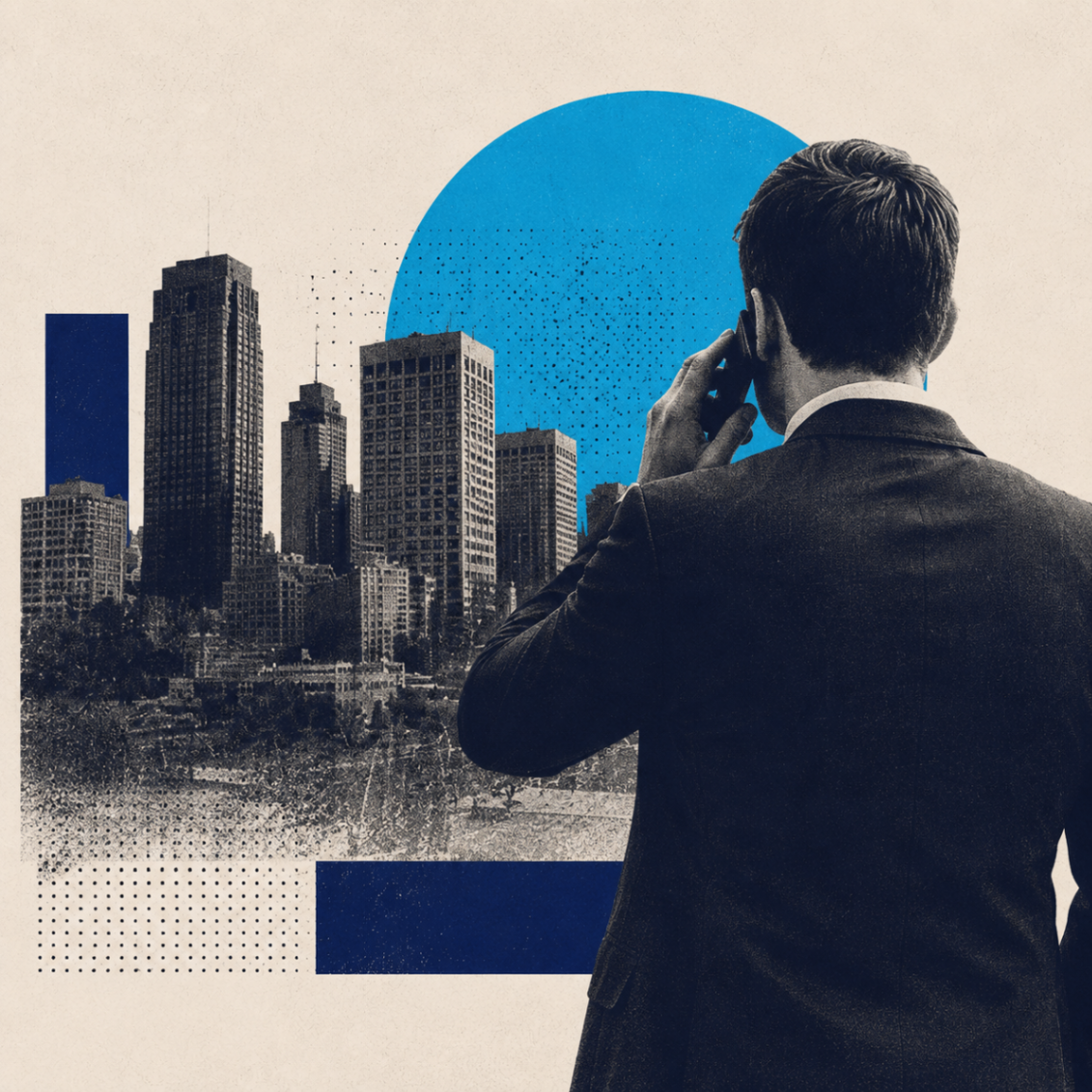 Editorial collage of a lawyer on a phone in front of a New York skyline