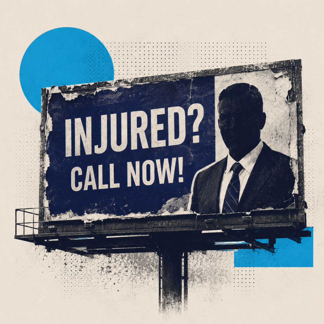 Editorial collage of an 'Injured? Call Now' billboard above NYC traffic