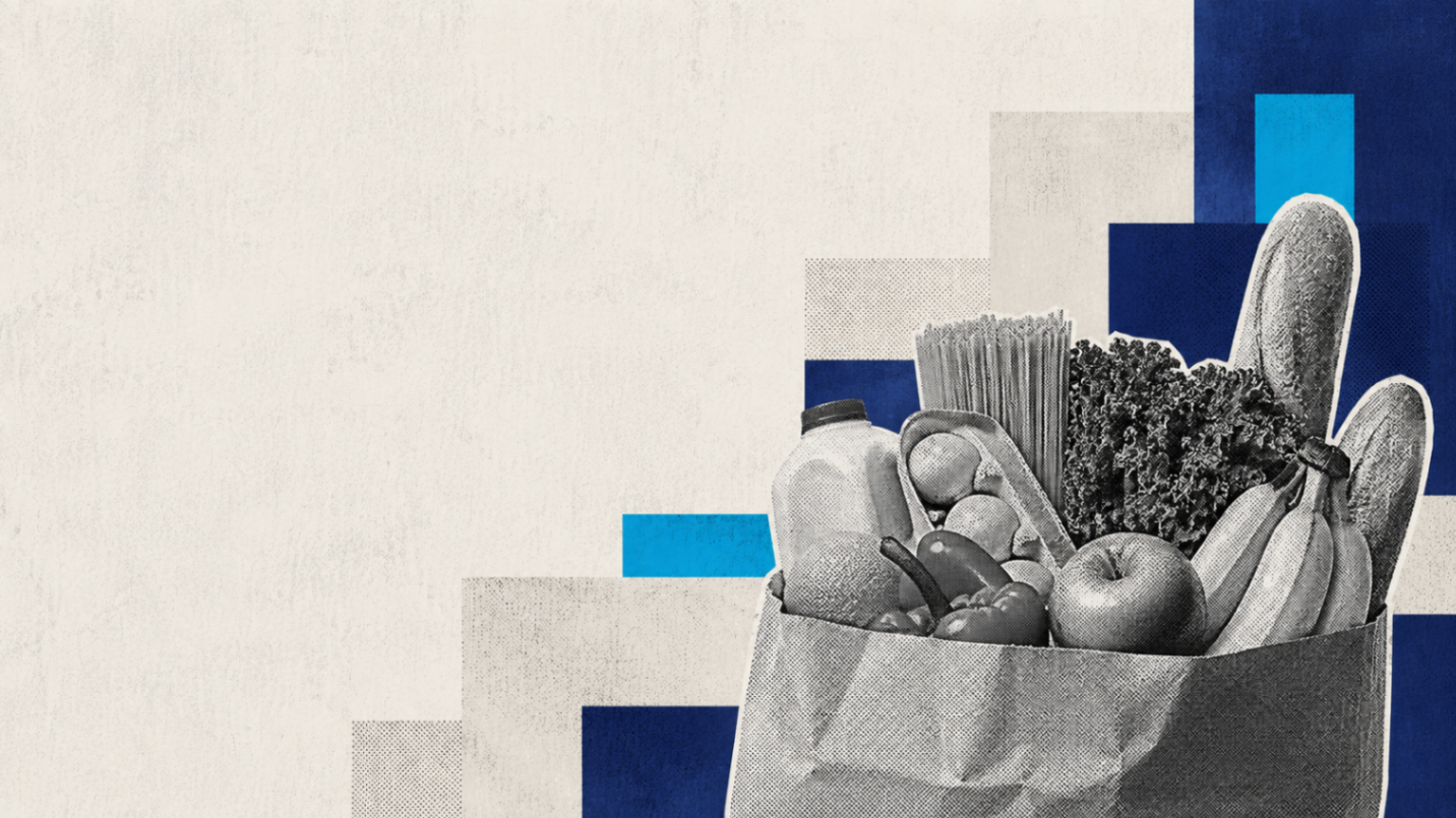 Grocery bag collage symbolizing the consumer cost burden carried by households
