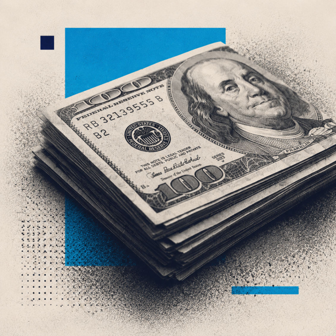 Editorial collage of stacked cash and litigation paperwork