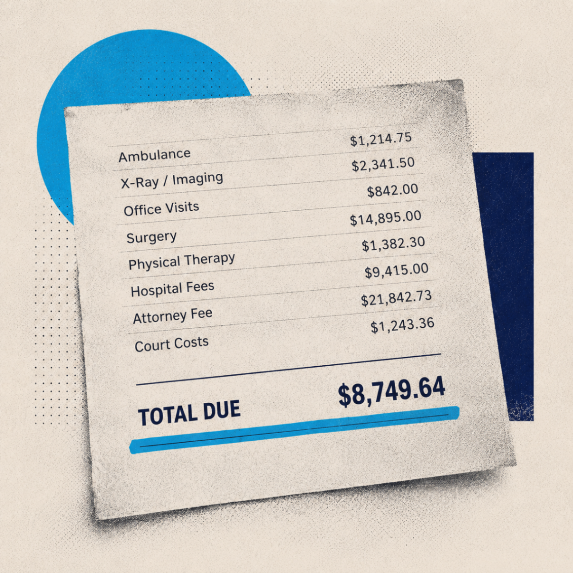 Editorial collage of a 'Total Due' itemized medical bill marked up with red ink