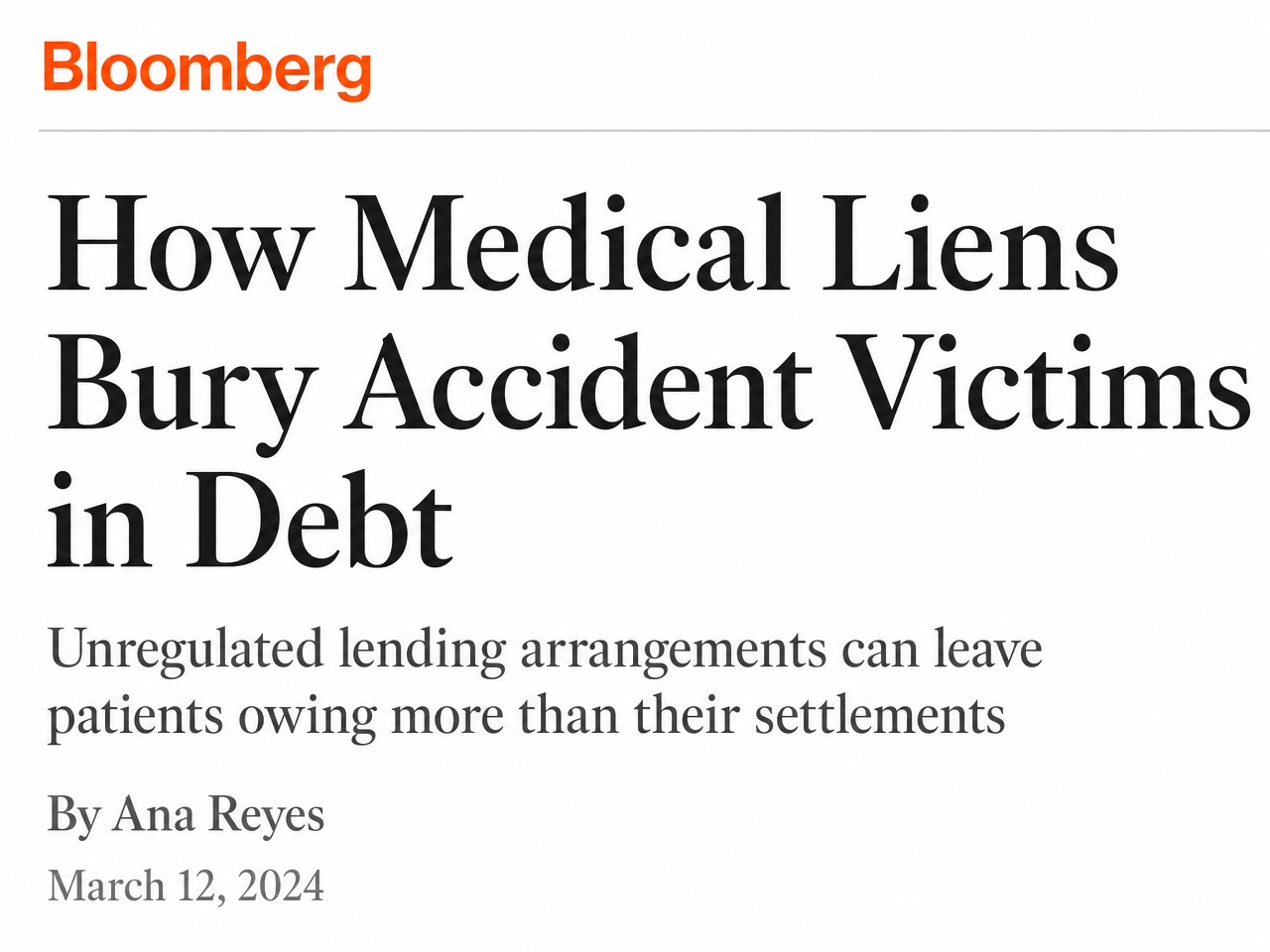 Bloomberg headline on medical liens burying accident victims in debt